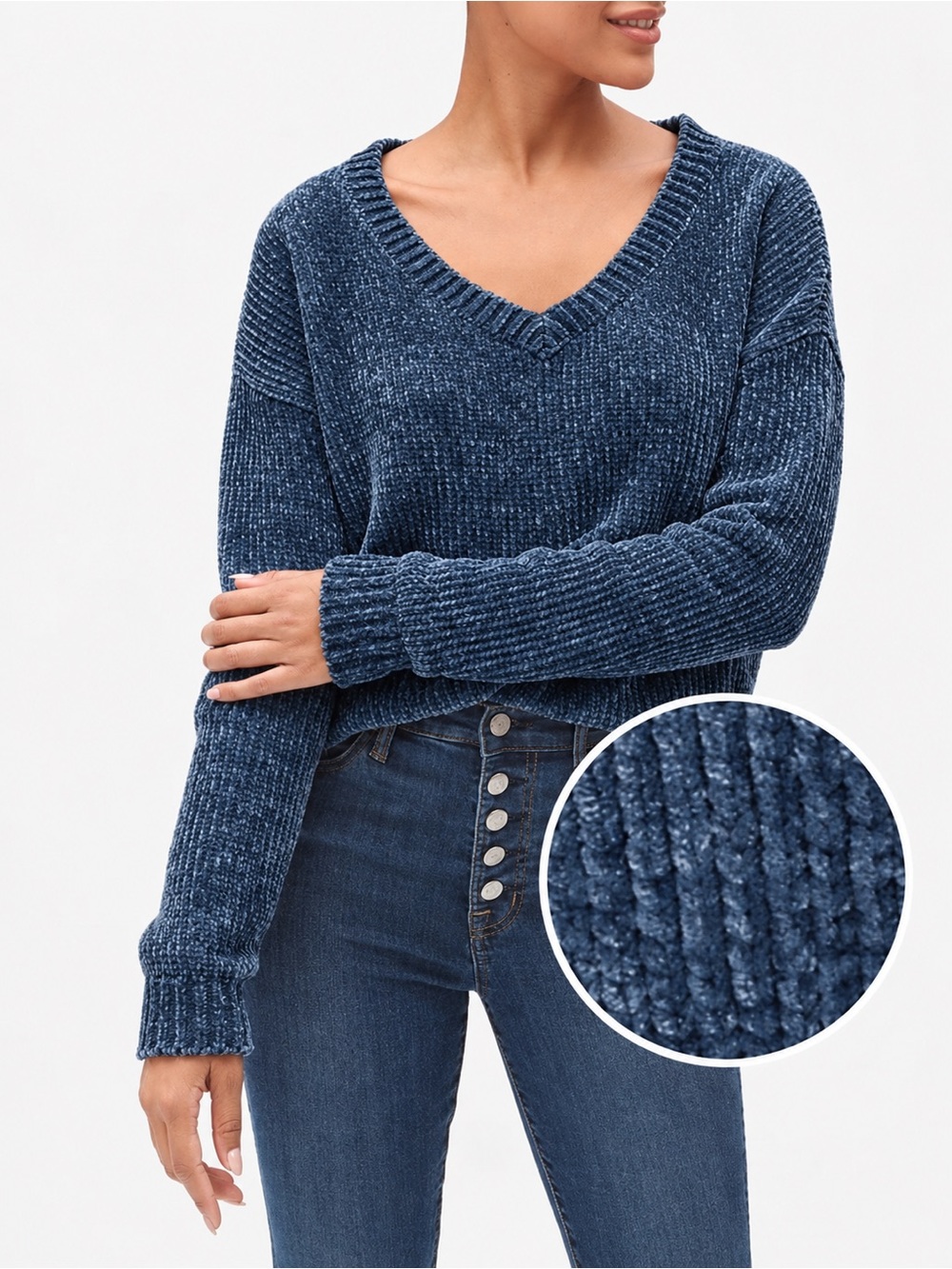 Gap v neck boxy chenille sweater in vibrant blue